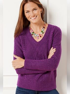 Talbots Cable Knit V Neck Sweater Purple Wool Blend Size LP Fisherman Comfy